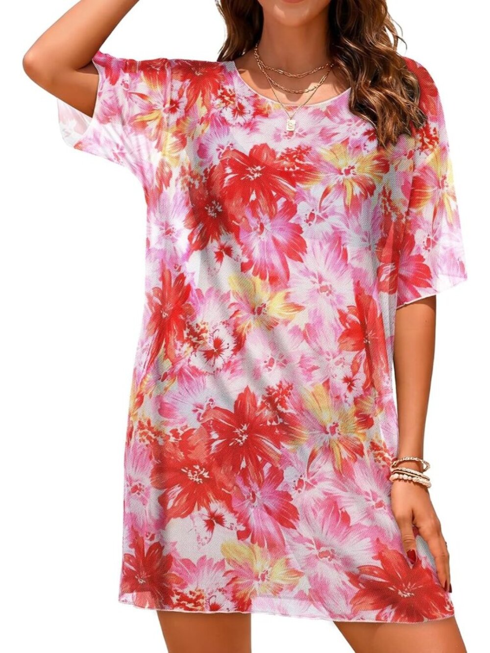 Women's Red Yellow Round Neck Mesh Summer Sheer Stretch Short Sleeve Cover Up